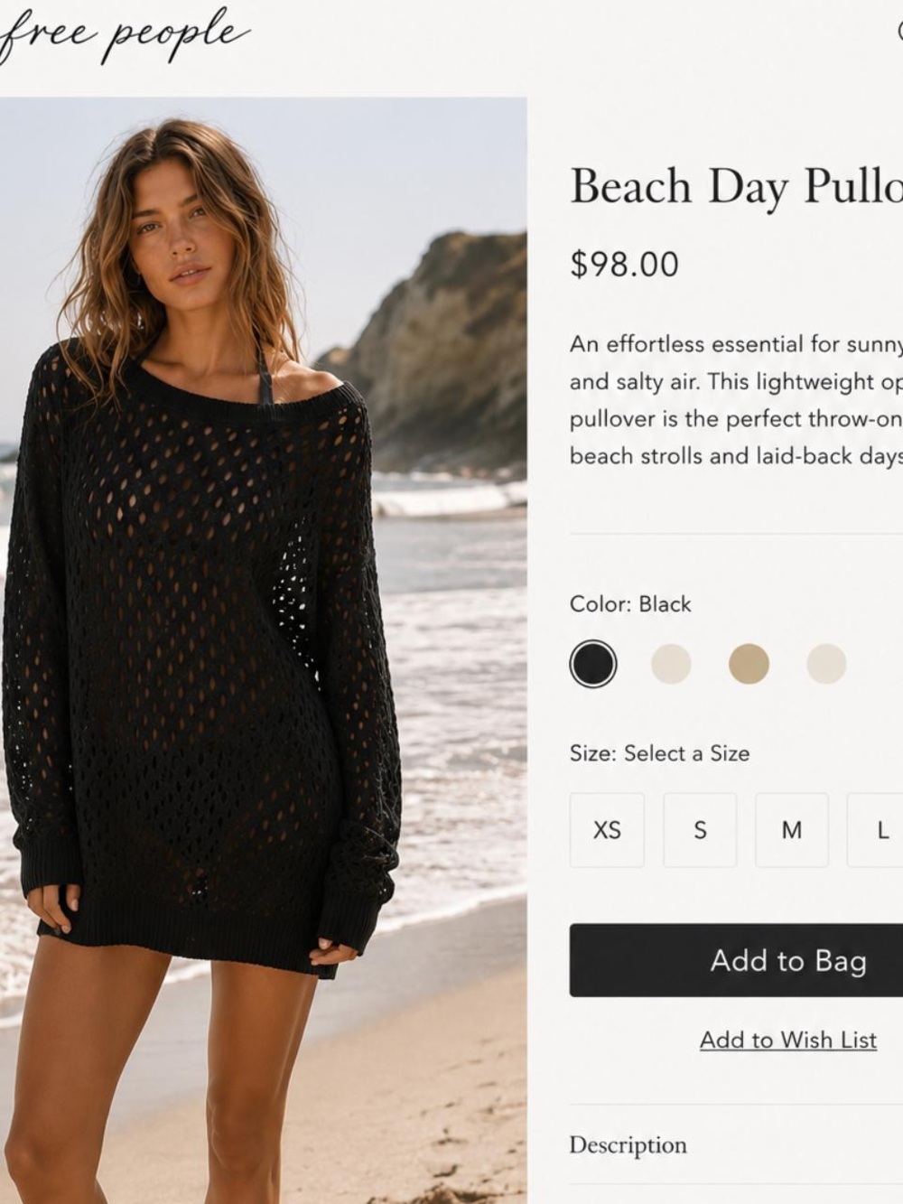Free People Black Open-Knit Beach Pullover